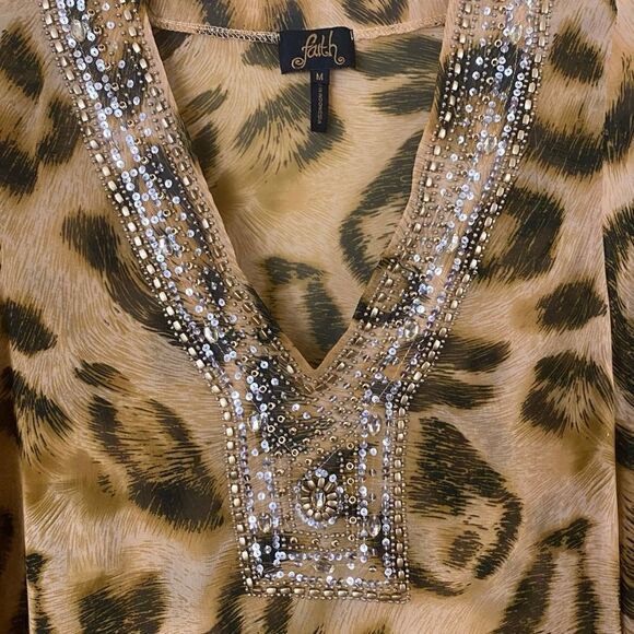 Faith Animal Print Beaded Chiffon Sheer V-Neck Tunic Blouse Size Medium - Picture 5 of 10